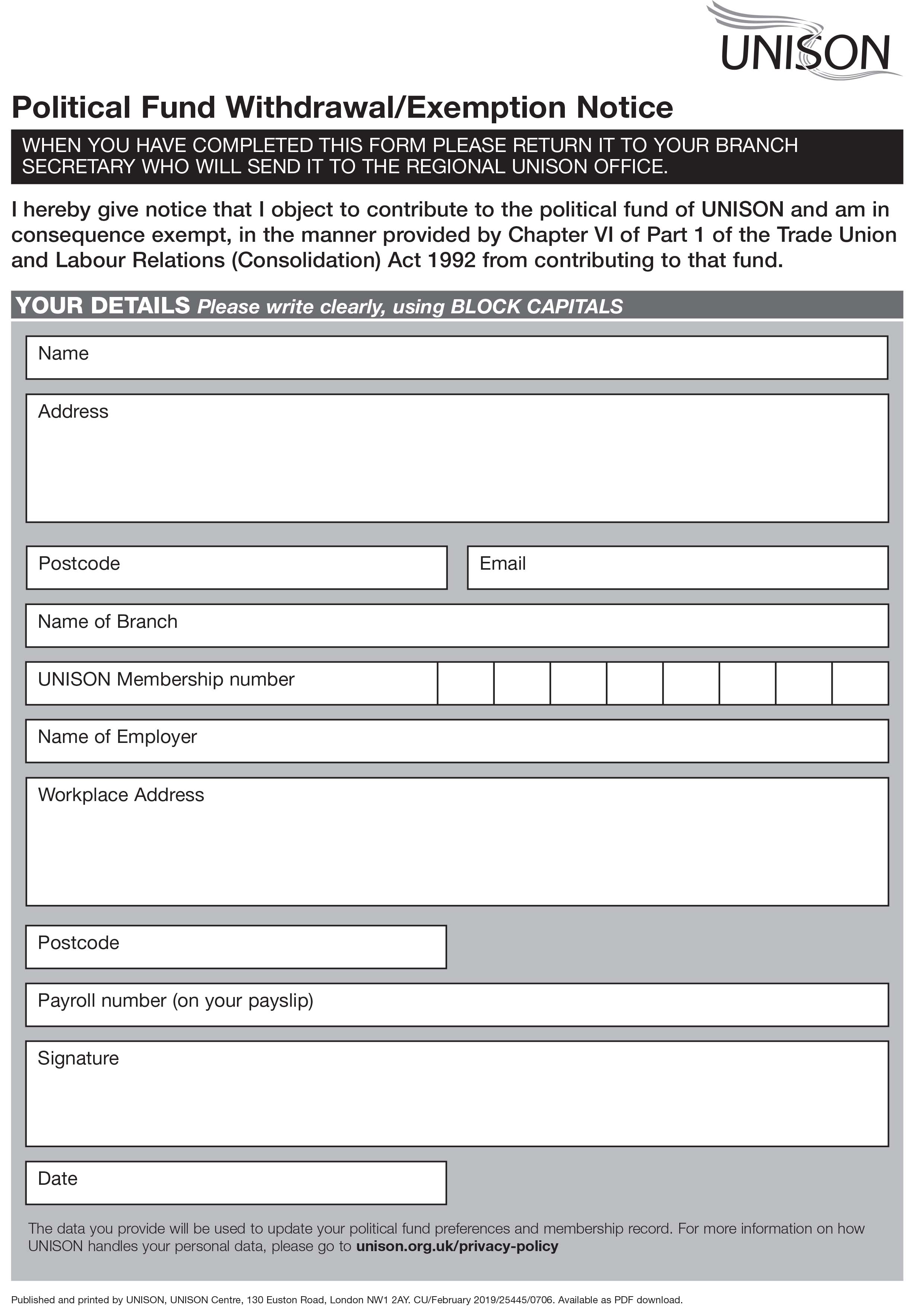 Political Fund withdrawal/exemption notice