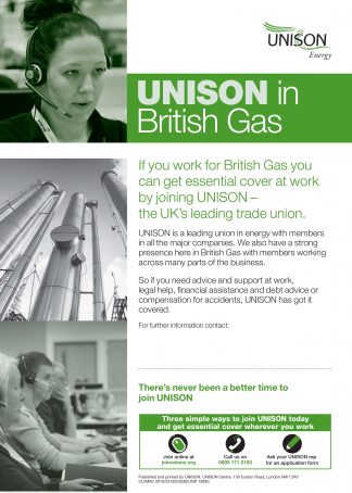 UNISON in British Gas. Workplace poster