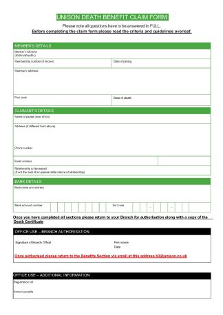 Benefits - death claim form guidance & form