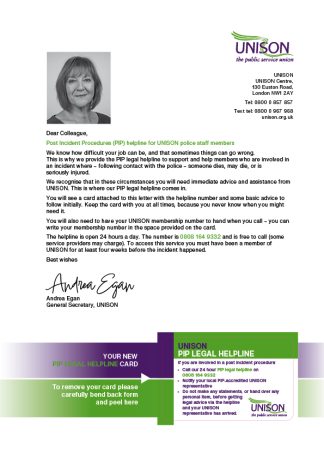 Post Incident Procedures (PIP) legal helpline for UNISON police staff members. Card carrier and card