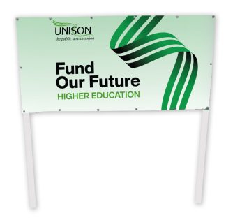 HE 'Fund our future' marching banner